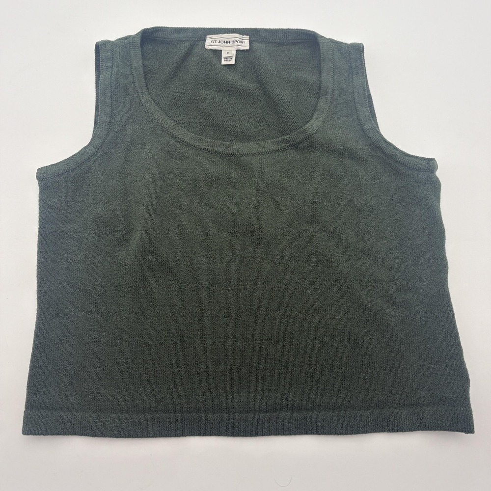 St. John Sport Sweater Vest Womens Petite P Green Knit Tank Scoop Neck Logo